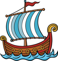 Viking ship sailing on blue waves illustration