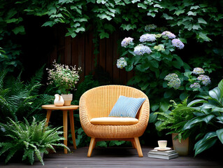 Wicker chair nestled among lush ferns and blooming hydrangeas, offering serene garden relaxation in verdant outdoor setting