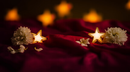 Golden star lanterns glowing against red silk, with scattered chrysanthemum petals for a festive touch.