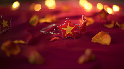 Golden star lanterns glowing against red silk, with scattered chrysanthemum petals for a festive touch.