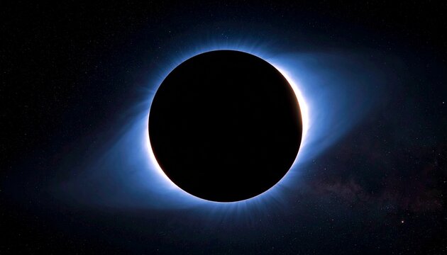 Dark full eclipse centered with glowing corona of light. - Powered by Adobe