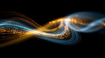 Dynamic abstract swirl of electric blue and golden light on a deep black background, flowing energy lines, glowing streaks, modern design