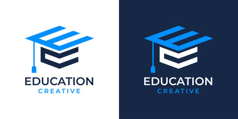 E C Education College Logo Design Vector Template. Graduation Cap Logo Icon Symbol. Design of College, Graduation, Hat, Creative, Modern. 1