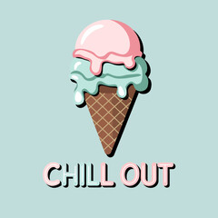 A delightful double scoop ice cream cone with pink and mint green flavors melting slightly in a waffle cone set against a soft blue background with the text chill out