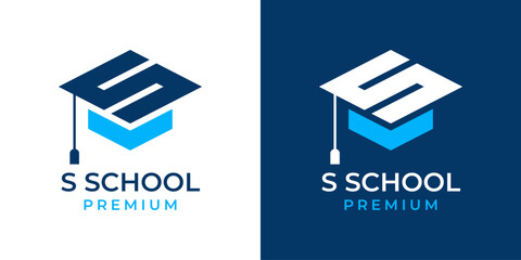 Letter S Education Cap College Logo Design Vector Template. Initial Letter S Education Logo Icon Symbol. Design of College, Graduation, Hat, Creative, Modern. 1