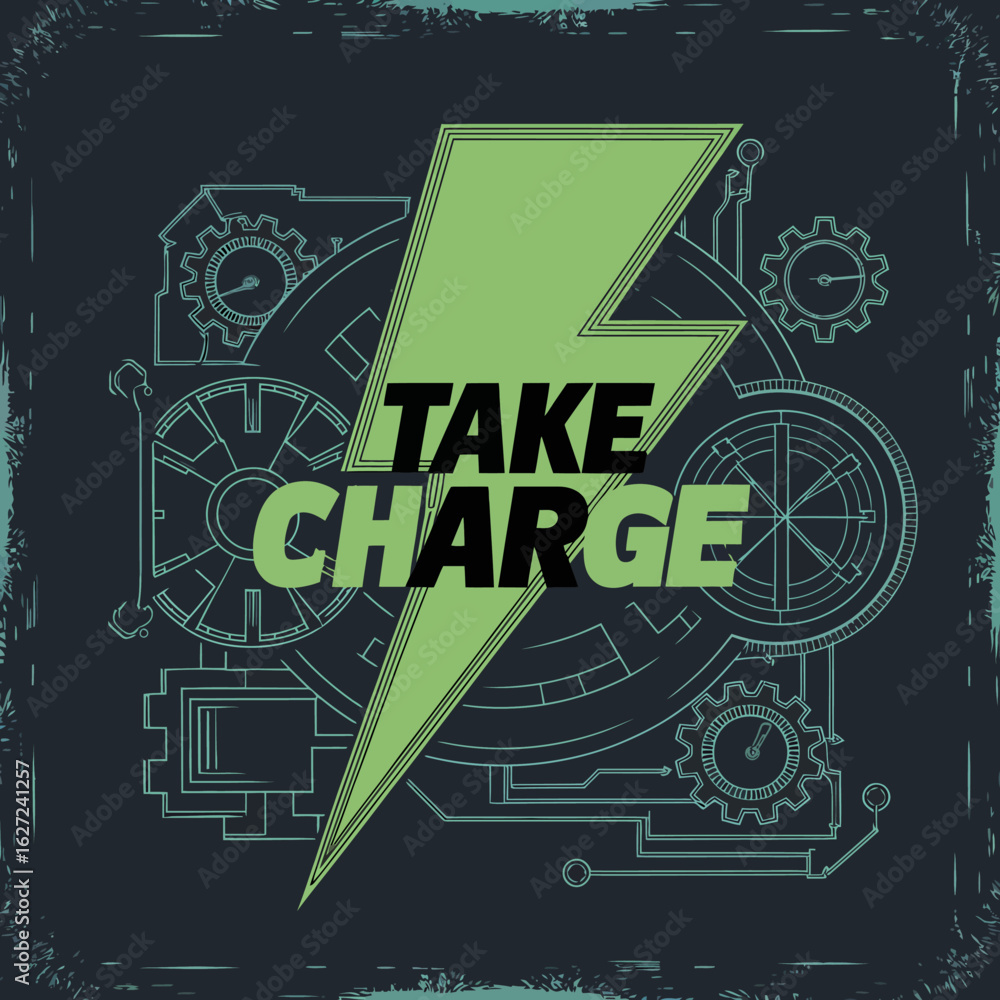 Poster a bright green lightning bolt superimposed over a dark background with a blueprint of gears and mech