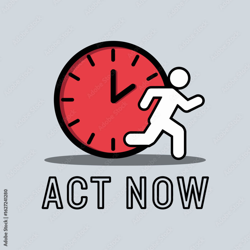 Aufkleber urgent action required a stylized white stick figure runs alongside a large red clock face with blac