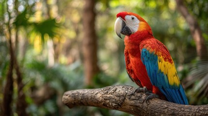 Fototapeta premium Vibrant Scarlet Macaw Perched on a Branch Surrounded by Lush Greenery in a Tropical Environment with Soft Natural Lighting