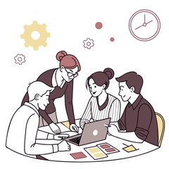 Team meeting illustration with laptop, gear and clock isolated on white background