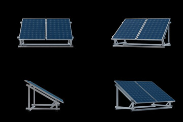 3D rendering of solar panels, shown from multiple angles on a black background. Renewable energy...