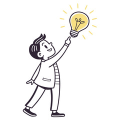 Boy pointing at light bulb isolated on white background