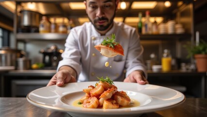 A chef presents a beautifully plated dish in a modern kitchen, showcasing culinary art.