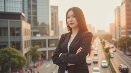 Fototapeta premium A confident woman in a suit stands in an urban setting during sunset.