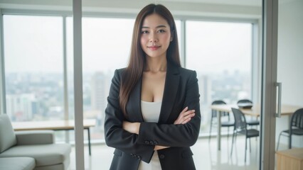 Confident businesswoman standing in modern office with a city view.