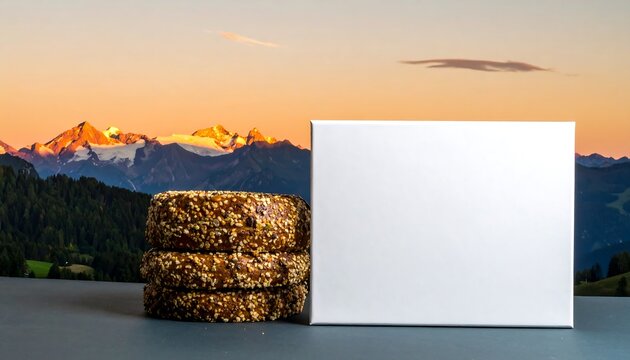 A stack of  baked goods near a blank box, against a mountain sunset