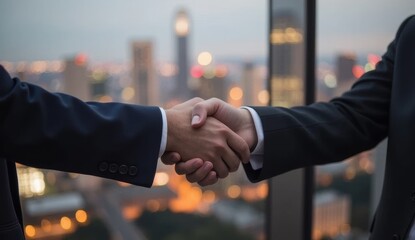 Two business professionals shaking hands against a city skyline at sunset.