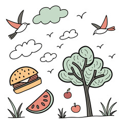 Tree, clouds, birds, apple, hamburger and watermelon drawing on white background