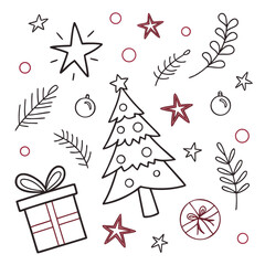 Hand drawn christmas tree and gift isolated on white background
