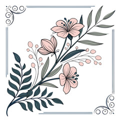 Floral frame with pink flowers and leaves isolated on white background