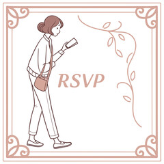 Woman looking at phone with rsvp message isolated on white background