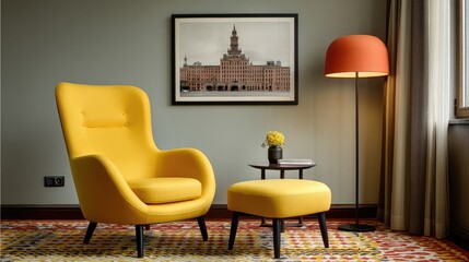 Modern Interior with Yellow Armchair and Ottoman in Stylish Living Room