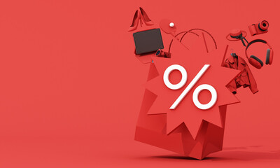 Bold red shopping bag bursting with sale icons and lifestyle products, perfect for promoting limited-time offers and flash sales. 3d rendering.