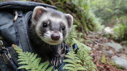 Fototapeta premium Adorable Ferret Peeking Out from Backpack Surrounded by Lush Green Ferns in Woodland Environment, Capturing Playful Moments in Nature