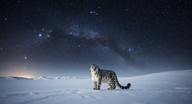 Majestic Snow Leopard Under Starry Night Sky in Snowy Landscape - Powered by Adobe
