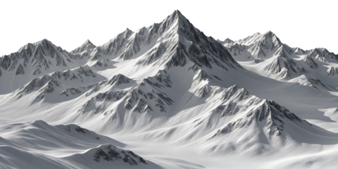 Grayscale Realistic Snow-Covered Mountain Range Illustration on Transparent Background
Dramatic Isolated Snowy Peaks and Valleys in Detailed Grayscale Mountain Landscape