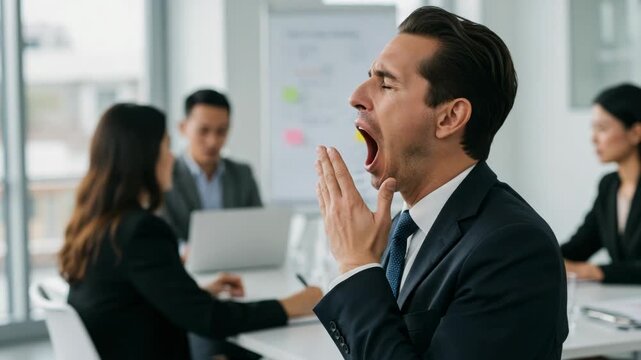 A businessman yawns widely during a meeting while his colleagues look on