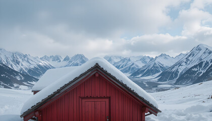 Snow Dusted Red Cabin Roof Against Cloudy Sky and Snowy Mountains