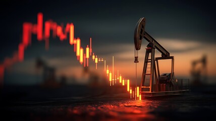 Oil Pump Jack and a Red Financial Chart Showing a Decline in Prices