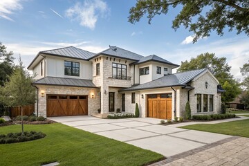 Fototapeta premium Modern two-story suburban home with large windows, white stucco, stone accents, landscaped lawn, spacious driveway, and garage under clear sky. Perfect for real estate or architecture themes.