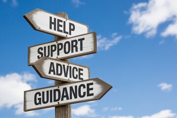 Fototapeta premium Help support advice guidance wooden signpost on blue sky, direction decision assistance, solution concept.