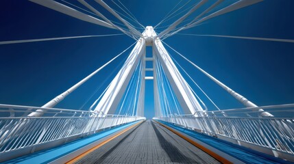 Low-angle shot of a futuristic bridge against a clear blue sky