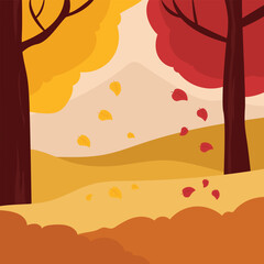 Autumn landscape with trees and fallen leaves.