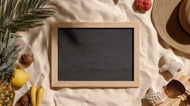 Blank chalkboard surrounded by tropical fruits seashells hat and palm leaf on fabric. - Powered by Adobe