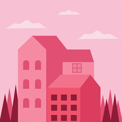 Red buildings trees and clouds in a simple style.