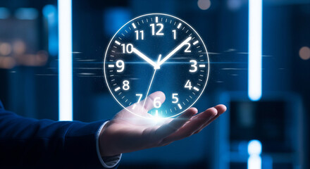 A hand holding a holographic clock with a futuristic design, set against a blurred blue background with vertical light streaks, suggesting a high-tech or digital environment.