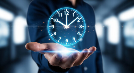 A person's outstretched hand with a glowing, holographic clock interface floating above their palm. The clock has a blue translucent appearance with white numbers and hands.