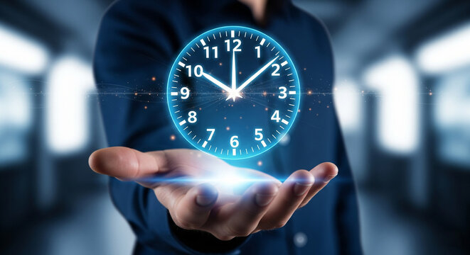 A person's outstretched hand with a glowing, holographic clock interface floating above their palm. The clock has a blue translucent appearance with white numbers and hands.