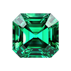 Emerald-green stone jewel in square cut with high reflection on transparent background