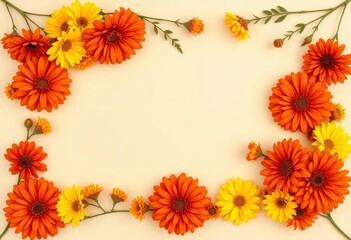 Obraz premium Vibrant marigold flower frame, sunny yellow floral border on beige Perfect for autumn wedding invitations, harvest, sunlight