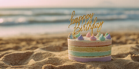 Colorful Pastel Beach Birthday Cake with Gold Happy Birthday Topper and Candles at Sunset in Warm Coastal Celebration Scene