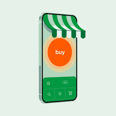 This image illustrates a modern smartphone displaying a vibrant 'buy' button, symbolizing the ease of online shopping and digital commerce in today’s world.