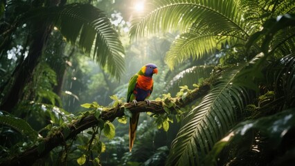 Vibrant Lorikeet Perched on a Branch Amidst Lush Tropical Foliage