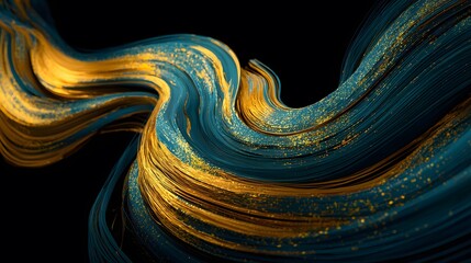 Energetic swirl of vibrant gold and deep blue in motion, elegant abstract form on modern dark backdrop