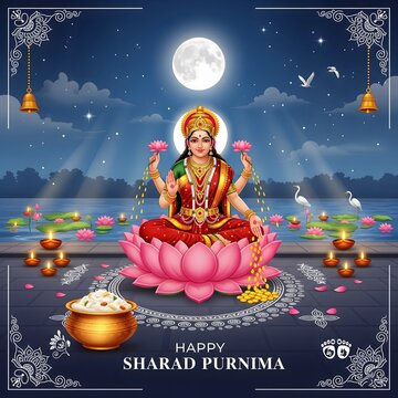 Goddess lakshmi seated on a lotus under a full moon on sharad purnima night