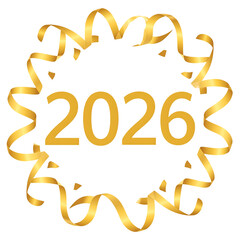 Golden ribbons frame the year 2026, symbolizing celebration and the upcoming new year isolated on transparent background. Happy new year 2026 clipart.