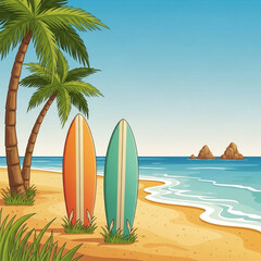 Tropical beach scene with surfboards.